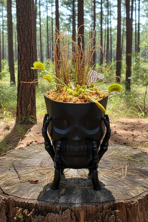 Decorative urn with plants on a wooden stump in a forest setting