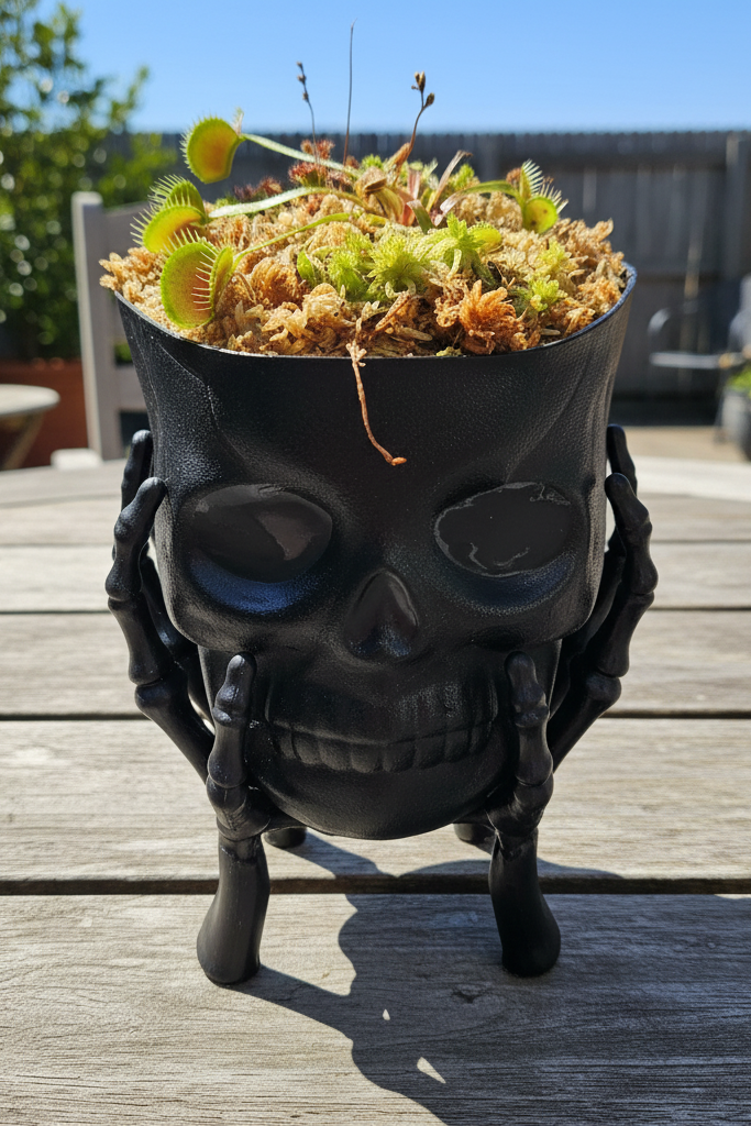 Skull-shaped planter with hands holding it, containing a carnivorous plant, on a wooden surface.