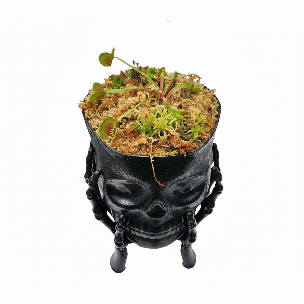 Skull-shaped planter with a small plant on a white background