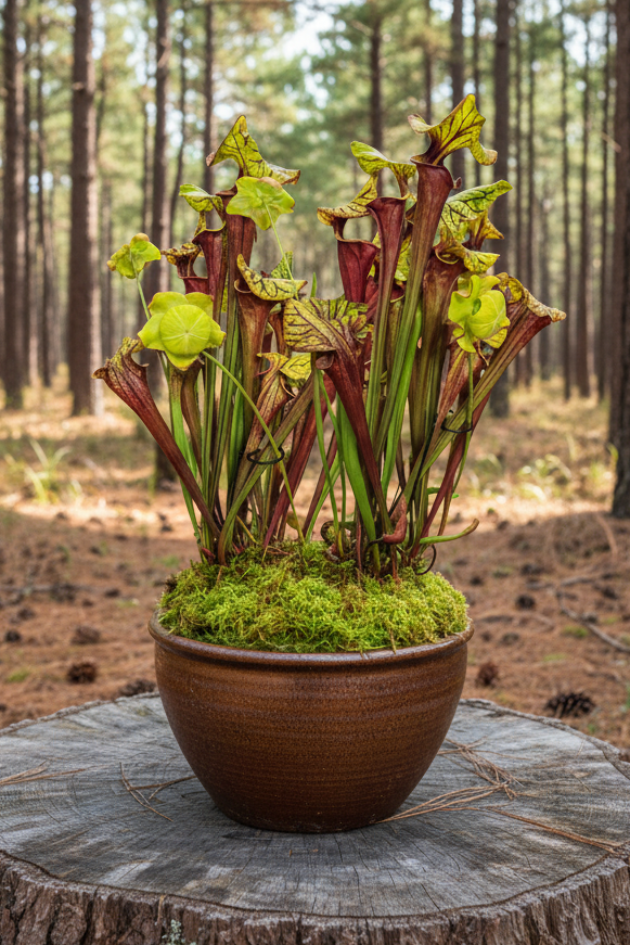 Potted carnivorous plant on a tree stump in a forest setting