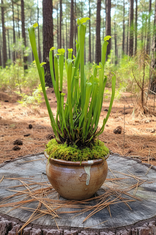 Potted plant on a tree stump in a forest setting